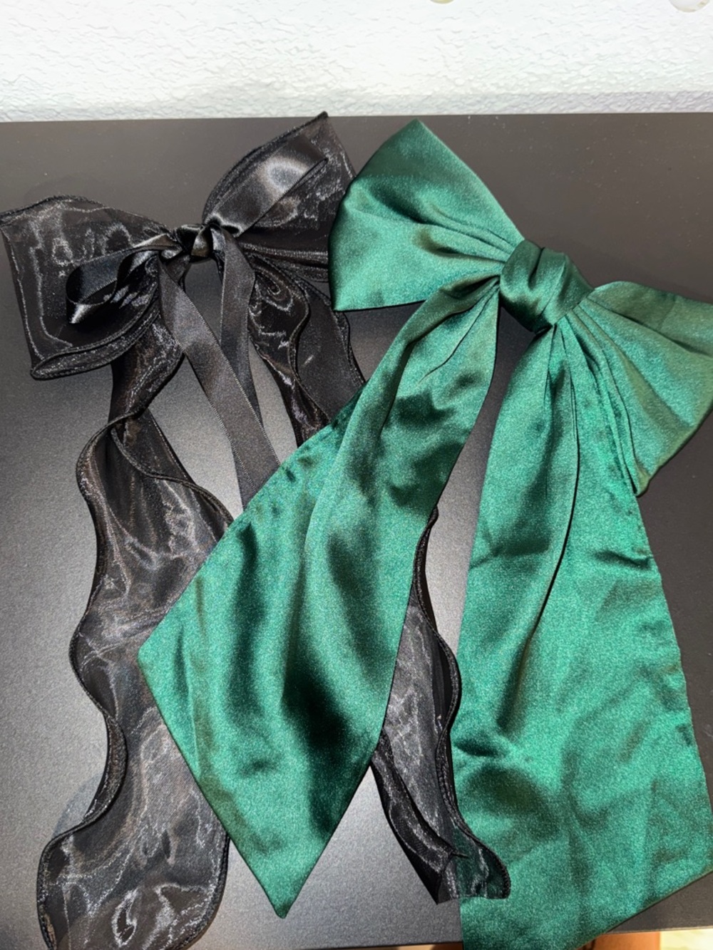 Green Satin & Black Hair Bow Duo